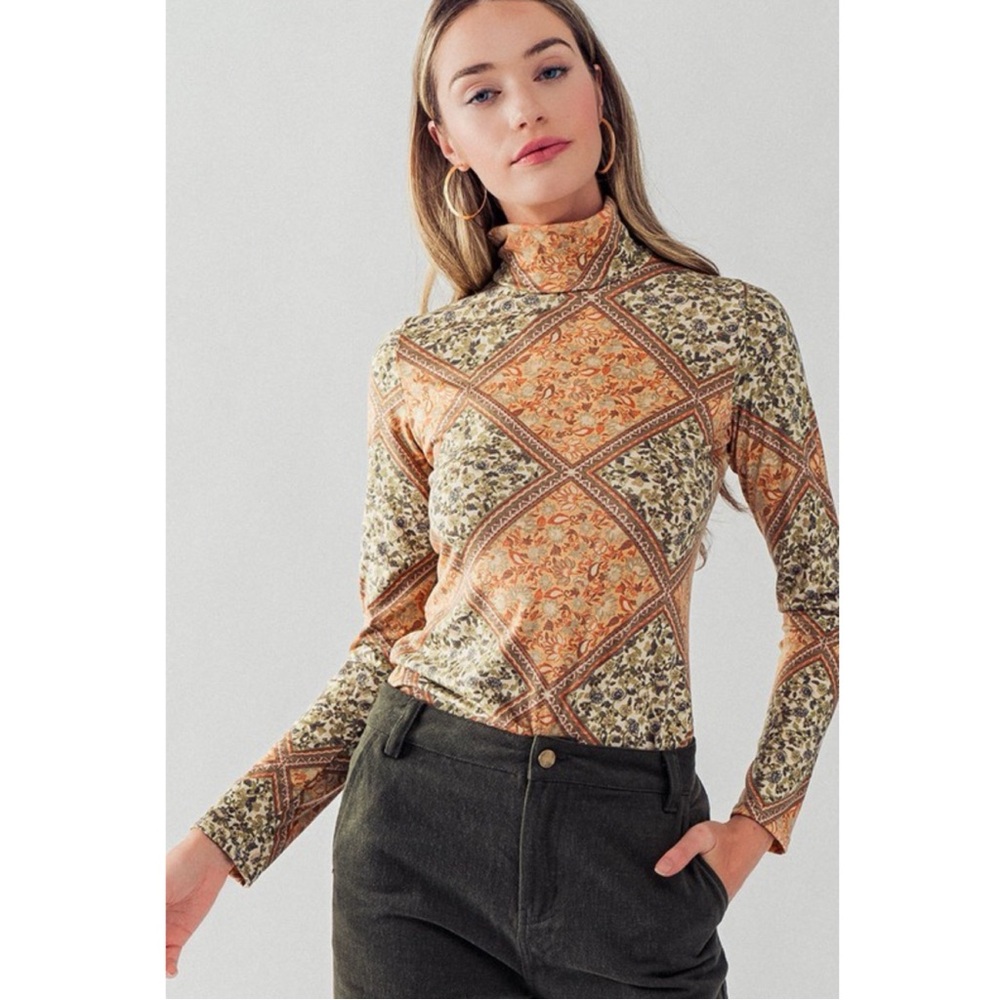 New Muted Autumn Art Nouveau Floral Diamond Pane Mock Neck Long Sleeve Top. Sz S - Picture 6 of 11